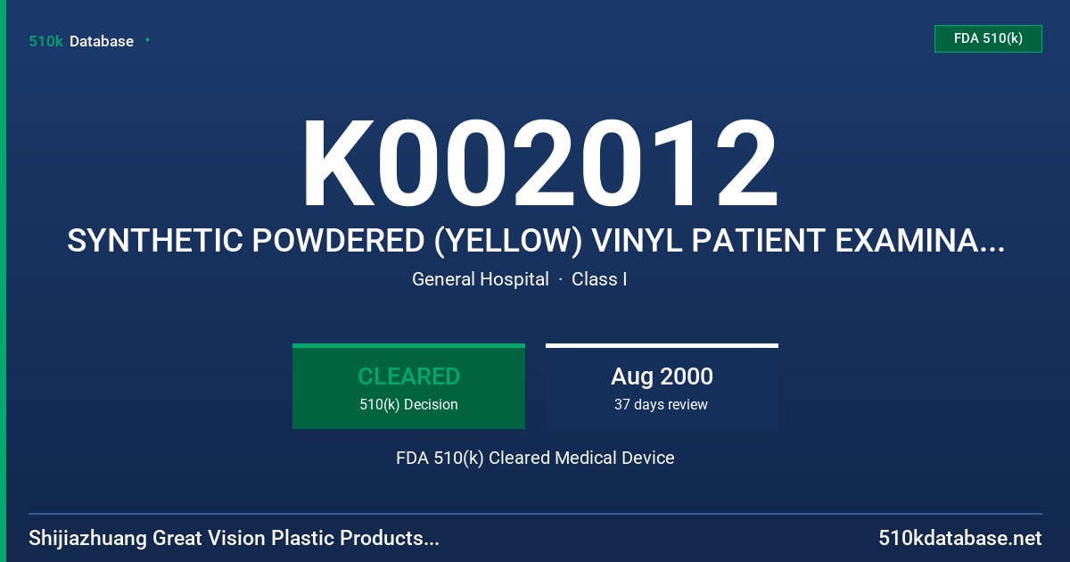 K002012 SYNTHETIC POWDERED (YELLOW) VINYL PATIENT EXAMINATION GLOVES FDA 510(k) Cleared Medical Device