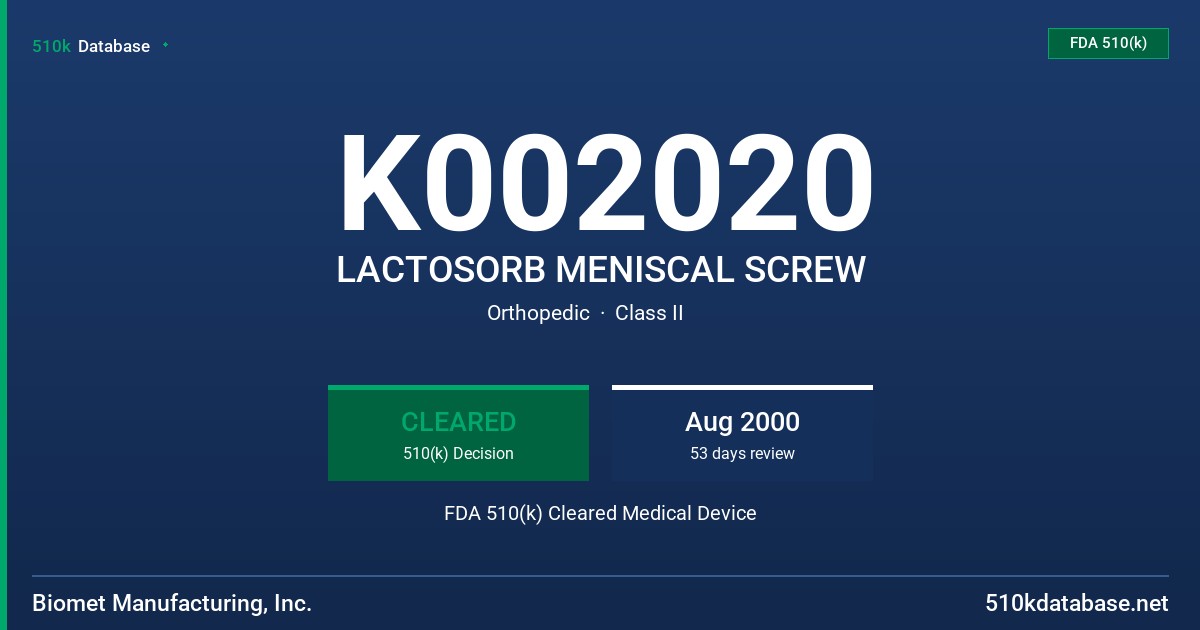 K002020 LACTOSORB MENISCAL SCREW FDA 510(k) Cleared Medical Device