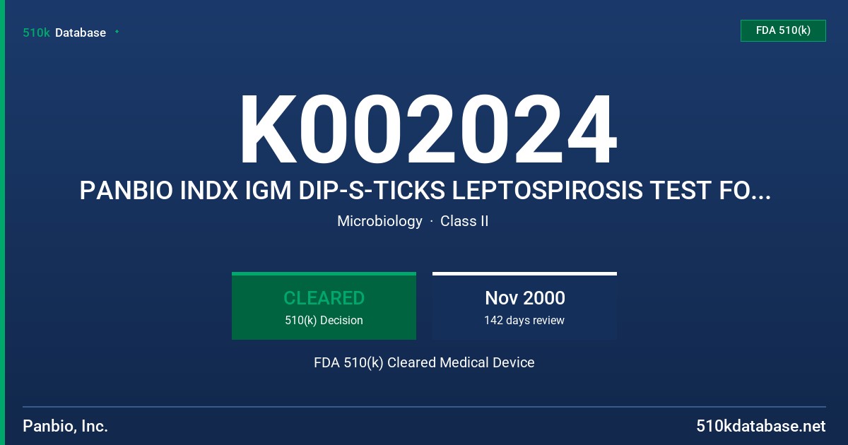 K002024 PANBIO INDX IGM DIP-S-TICKS LEPTOSPIROSIS TEST FOR THE DETECTION OF IGM ANTIBODIES TO LEPTOSPIRA BIFLEXA FDA 510(k) Cleared Medical Device