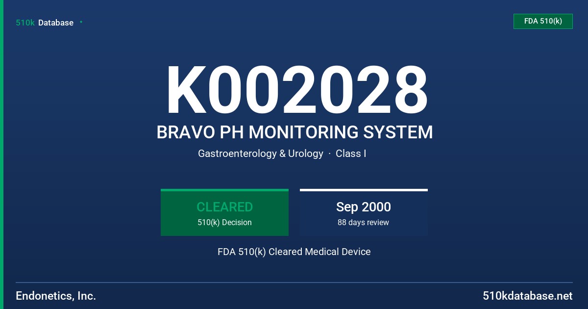 K002028 BRAVO PH MONITORING SYSTEM FDA 510(k) Cleared Medical Device