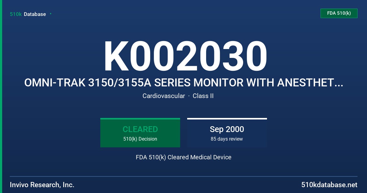 K002030 OMNI-TRAK 3150/3155A SERIES MONITOR WITH ANESTHETIC AGENT, MODEL 3155A SERIES FDA 510(k) Cleared Medical Device