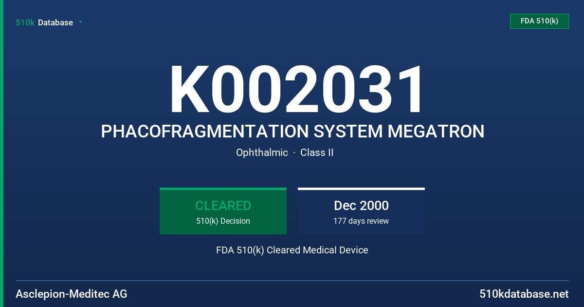 K002031 PHACOFRAGMENTATION SYSTEM MEGATRON FDA 510(k) Cleared Medical Device