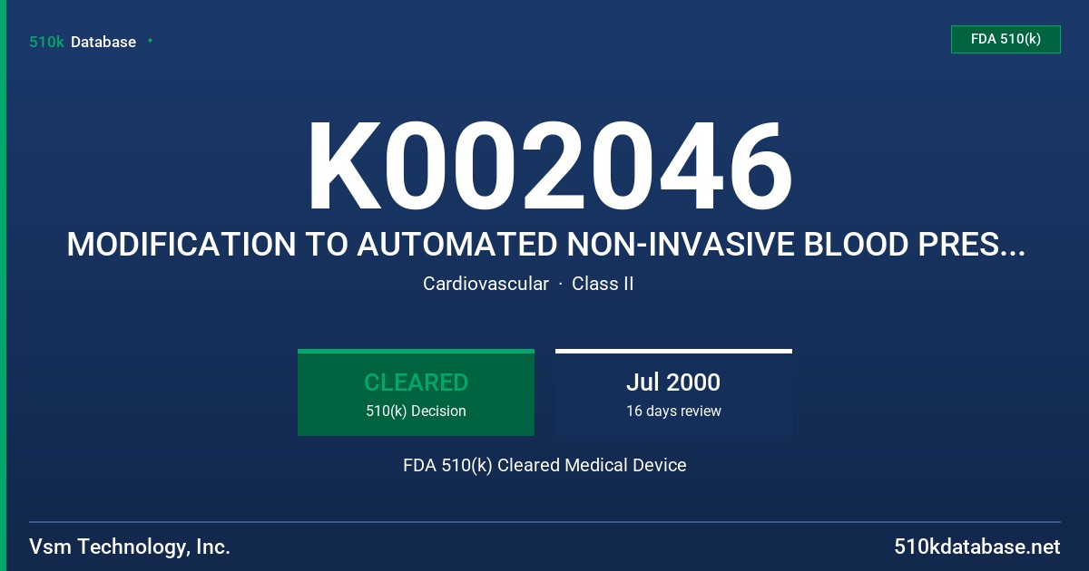 K002046 MODIFICATION TO AUTOMATED NON-INVASIVE BLOOD PRESSURE MONITOR, MODEL BPM-100 FDA 510(k) Cleared Medical Device