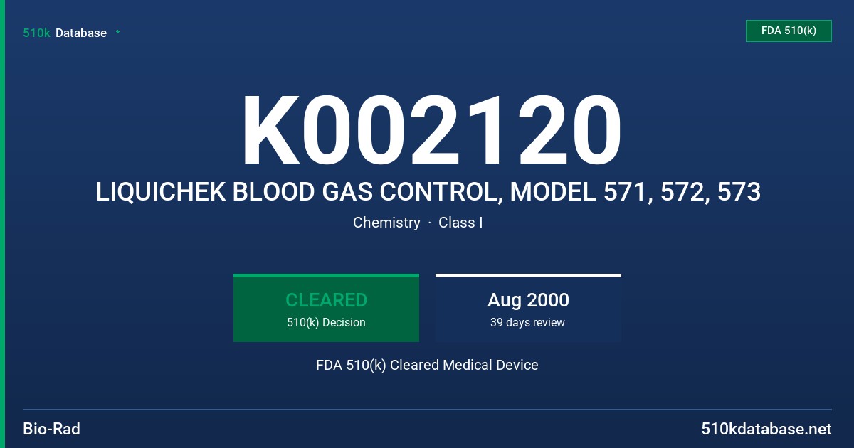 K002120 LIQUICHEK BLOOD GAS CONTROL, MODEL 571, 572, 573 FDA 510(k) Cleared Medical Device