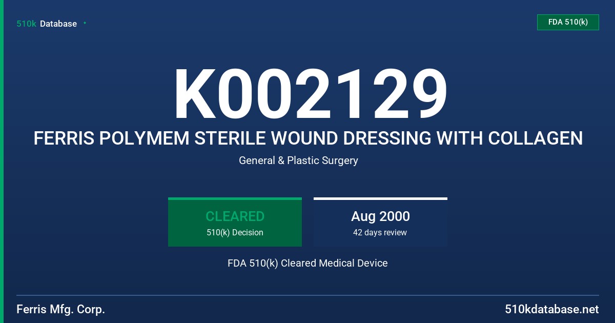 K002129 FERRIS POLYMEM STERILE WOUND DRESSING WITH COLLAGEN FDA 510(k) Cleared Medical Device