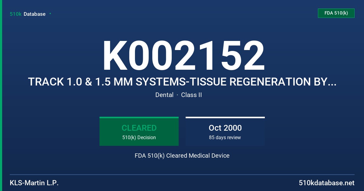 K002152 TRACK 1.0 & 1.5 MM SYSTEMS-TISSUE REGENERATION BY ALVEOLAR CALLUS DISTRACTION FDA 510(k) Cleared Medical Device