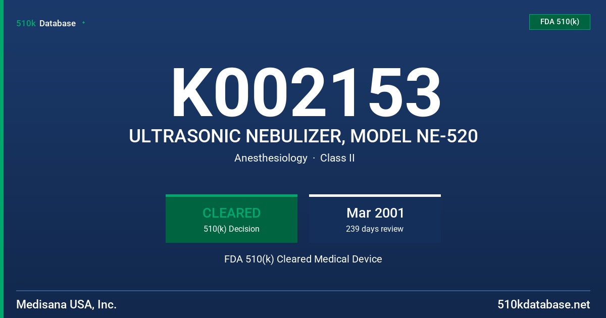 K002153 ULTRASONIC NEBULIZER, MODEL NE-520 FDA 510(k) Cleared Medical Device