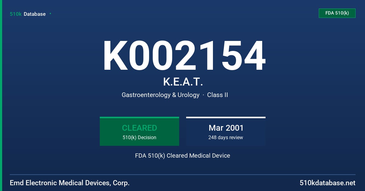 K002154 K.E.A.T. FDA 510(k) Cleared Medical Device