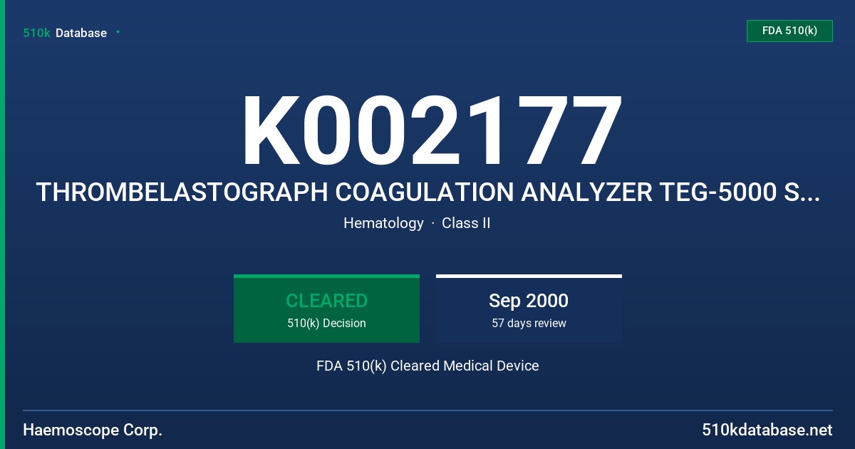 K002177 THROMBELASTOGRAPH COAGULATION ANALYZER TEG-5000 SERIES FDA 510(k) Cleared Medical Device