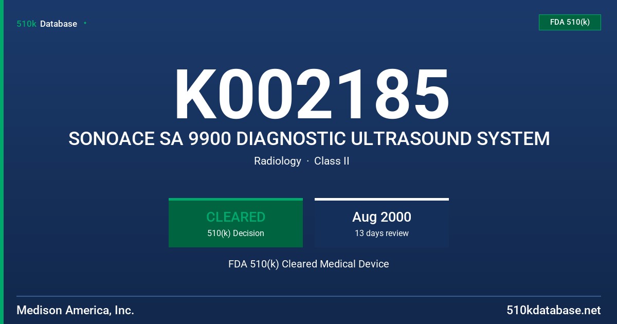 K002185 SONOACE SA 9900 DIAGNOSTIC ULTRASOUND SYSTEM FDA 510(k) Cleared Medical Device