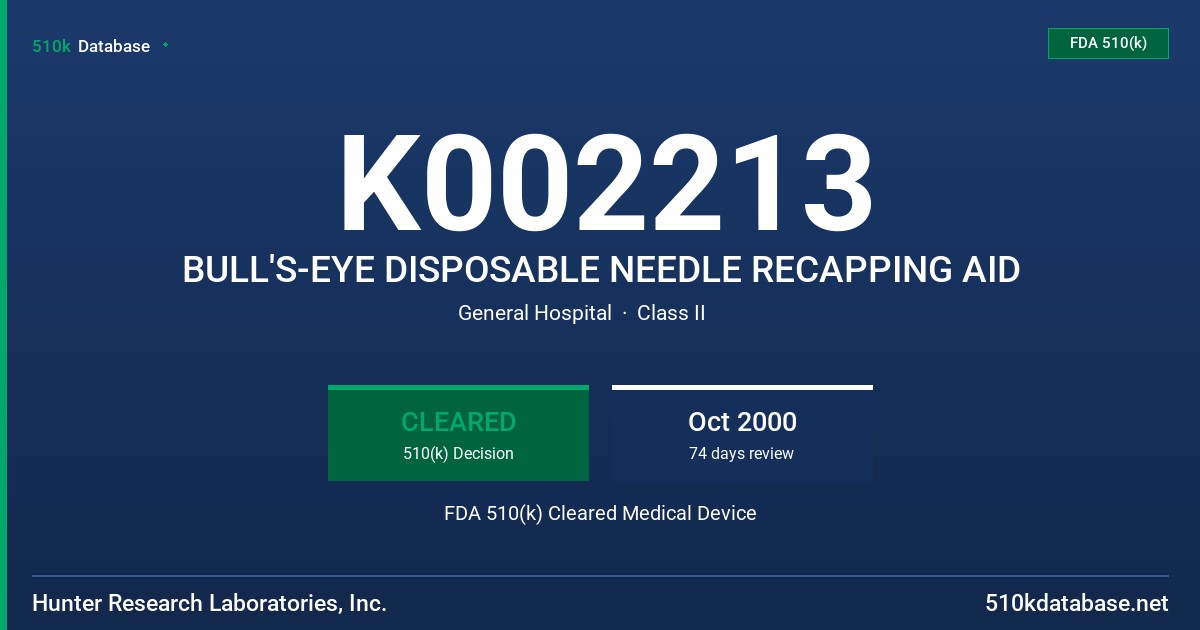 K002213 BULL'S-EYE DISPOSABLE NEEDLE RECAPPING AID FDA 510(k) Cleared Medical Device