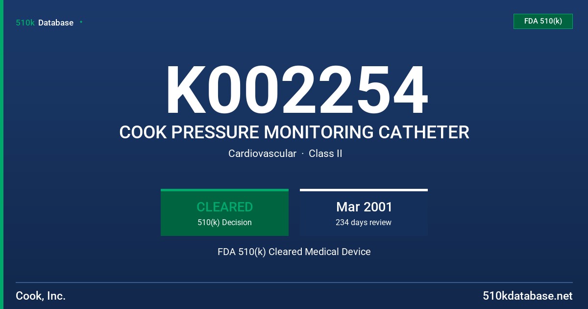 K002254 COOK PRESSURE MONITORING CATHETER FDA 510(k) Cleared Medical Device
