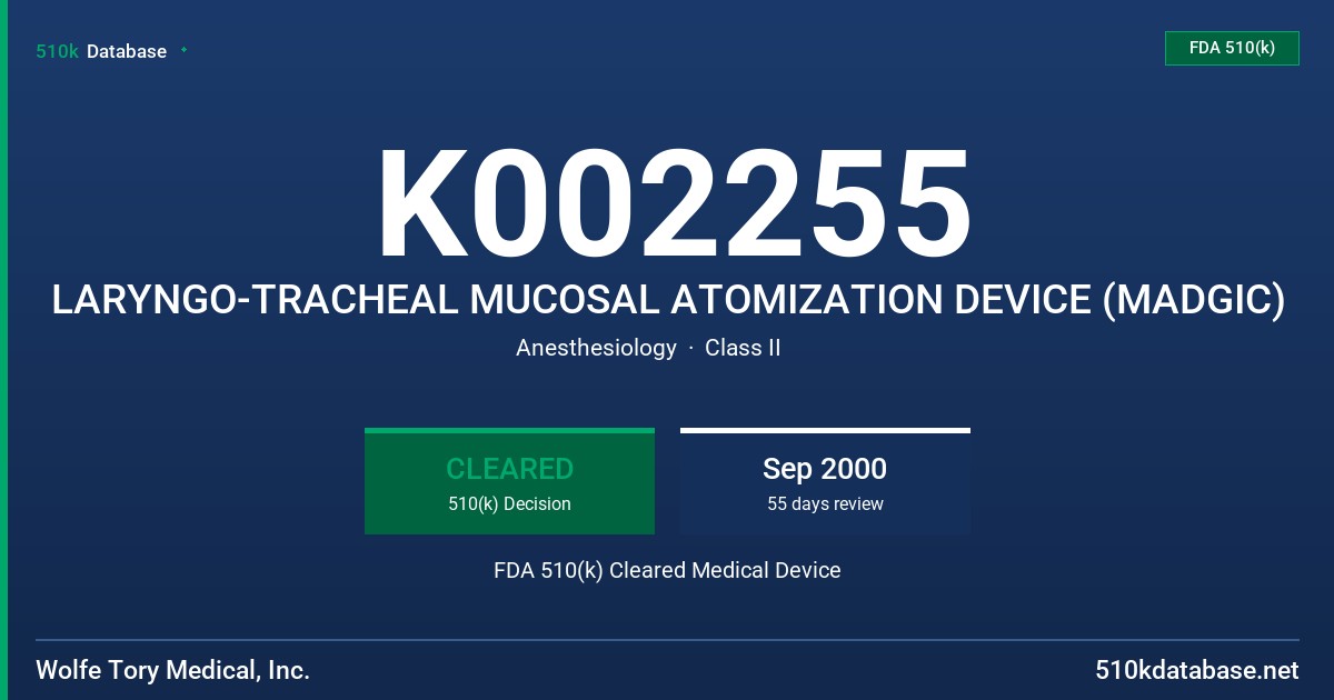 K002255 LARYNGO-TRACHEAL MUCOSAL ATOMIZATION DEVICE (MADGIC) FDA 510(k) Cleared Medical Device