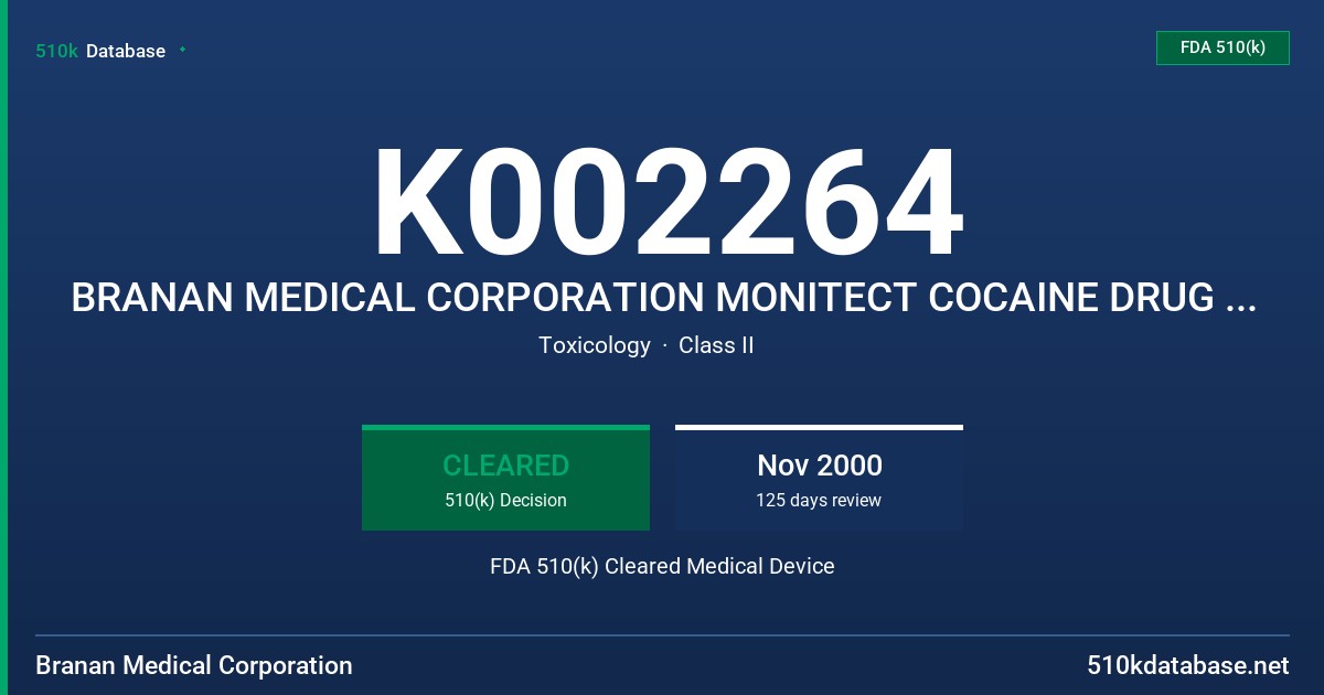 K002264 BRANAN MEDICAL CORPORATION MONITECT COCAINE DRUG SCREEN TEST FDA 510(k) Cleared Medical Device