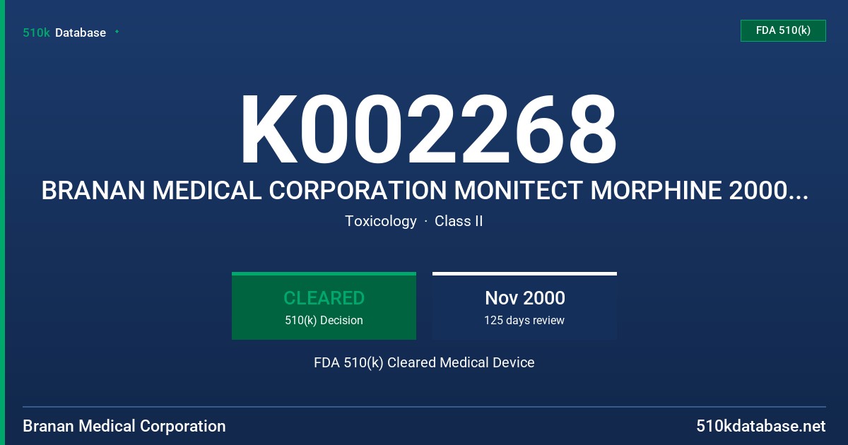 K002268 BRANAN MEDICAL CORPORATION MONITECT MORPHINE 2000 DRUG SCREEN TEST FDA 510(k) Cleared Medical Device