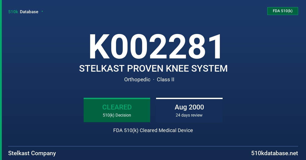 K002281 STELKAST PROVEN KNEE SYSTEM FDA 510(k) Cleared Medical Device