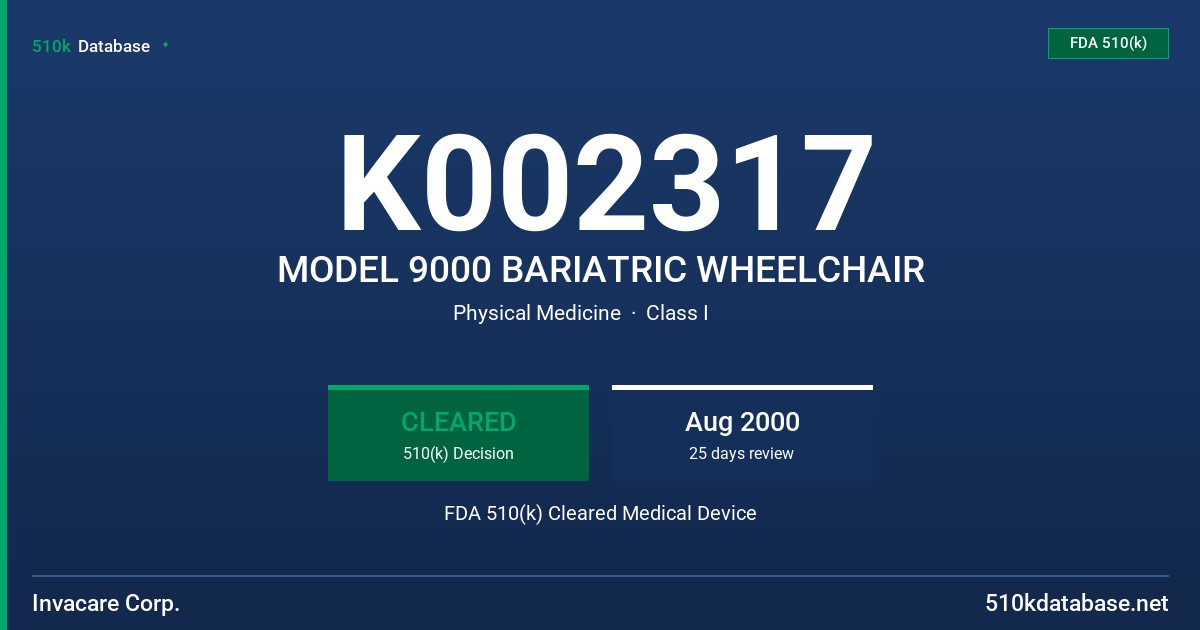 K002317 MODEL 9000 BARIATRIC WHEELCHAIR FDA 510(k) Cleared Medical Device