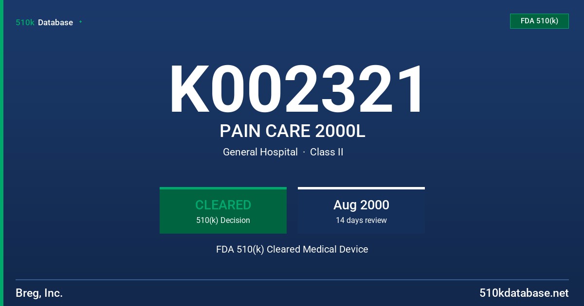 K002321 PAIN CARE 2000L FDA 510(k) Cleared Medical Device