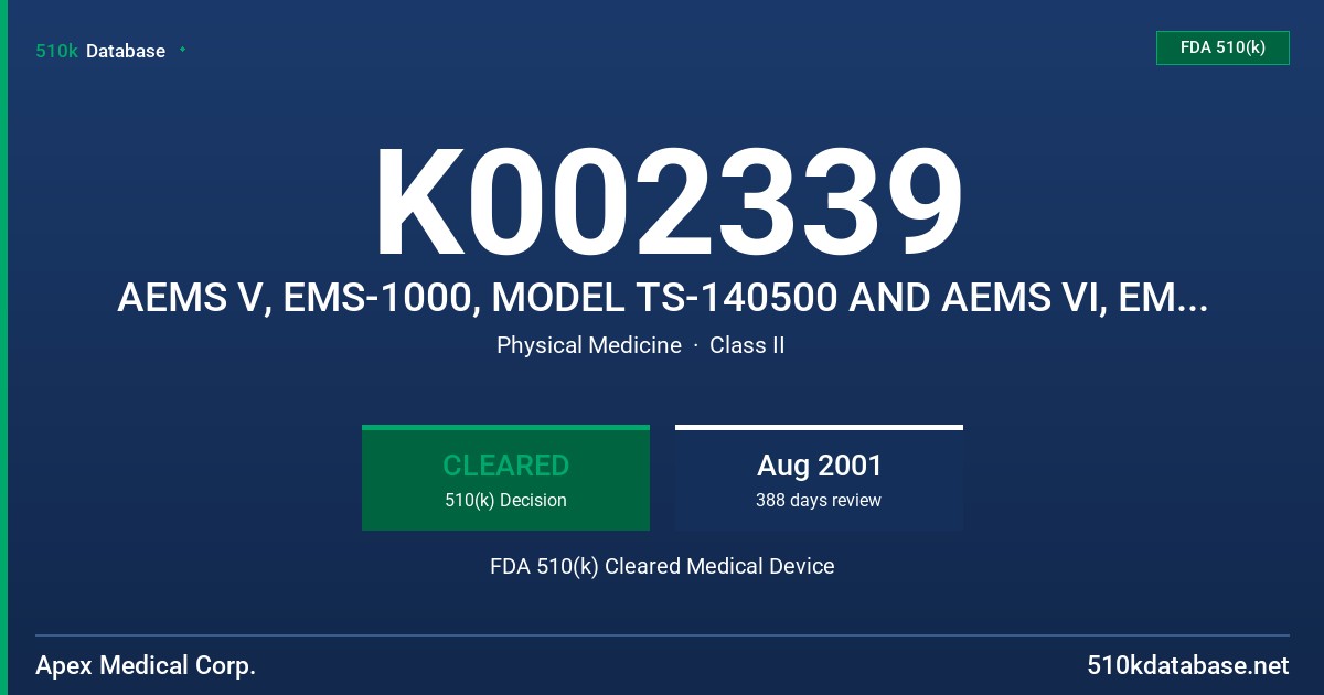 K002339 AEMS V, EMS-1000, MODEL TS-140500 AND AEMS VI, EMS-1000 PLUS, MODEL TS-140600 FDA 510(k) Cleared Medical Device