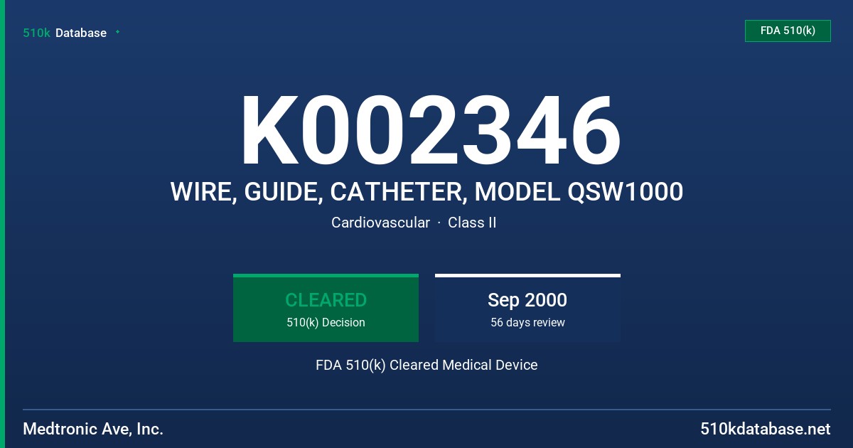 K002346 WIRE, GUIDE, CATHETER, MODEL QSW1000 FDA 510(k) Cleared Medical Device