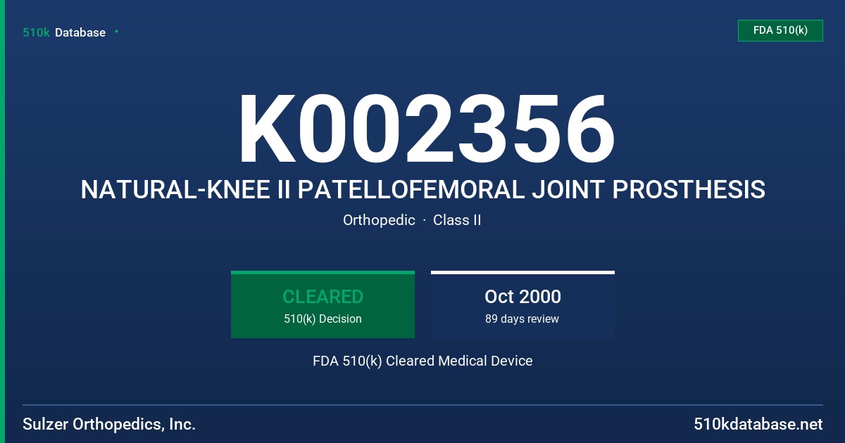 K002356 NATURAL-KNEE II PATELLOFEMORAL JOINT PROSTHESIS FDA 510(k) Cleared Medical Device