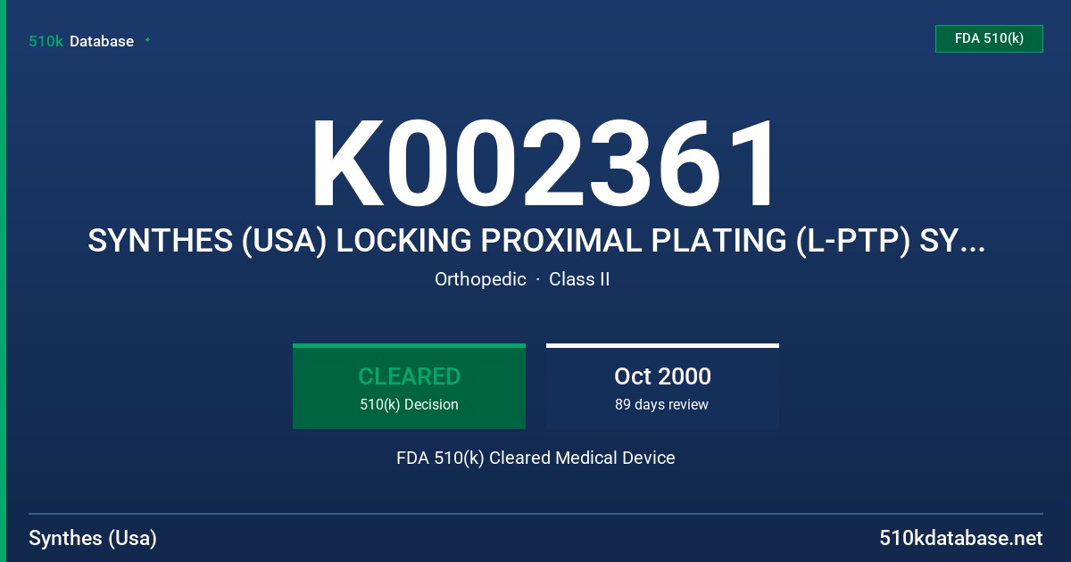 K002361 SYNTHES (USA) LOCKING PROXIMAL PLATING (L-PTP) SYSTEM FDA 510(k) Cleared Medical Device