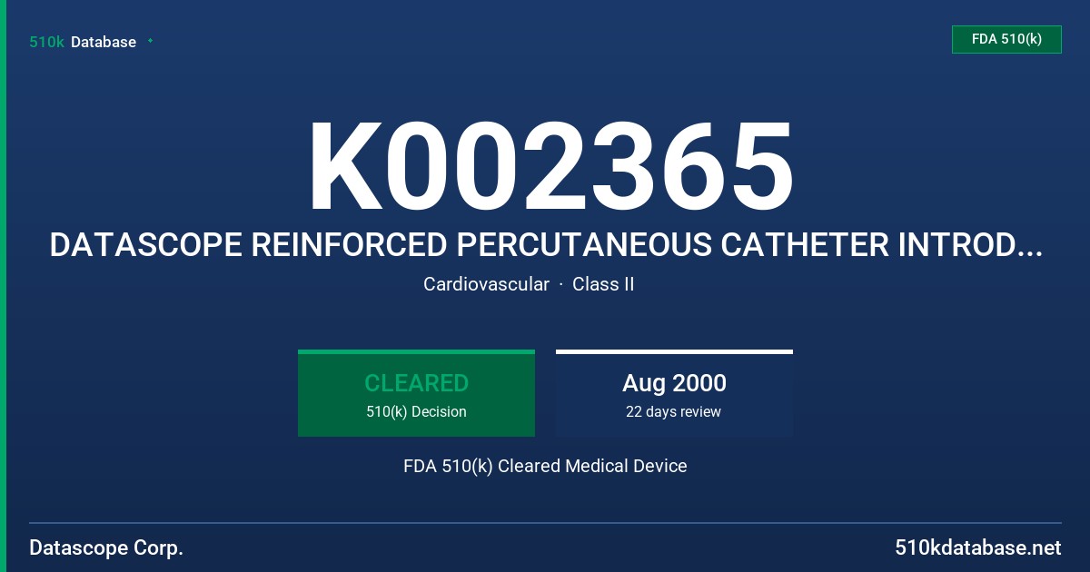 K002365 DATASCOPE REINFORCED PERCUTANEOUS CATHETER INTRODUCER SET FDA 510(k) Cleared Medical Device