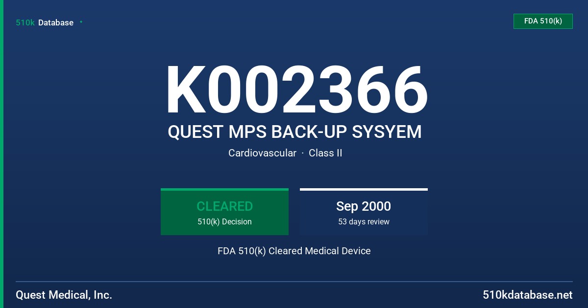 K002366 QUEST MPS BACK-UP SYSYEM FDA 510(k) Cleared Medical Device