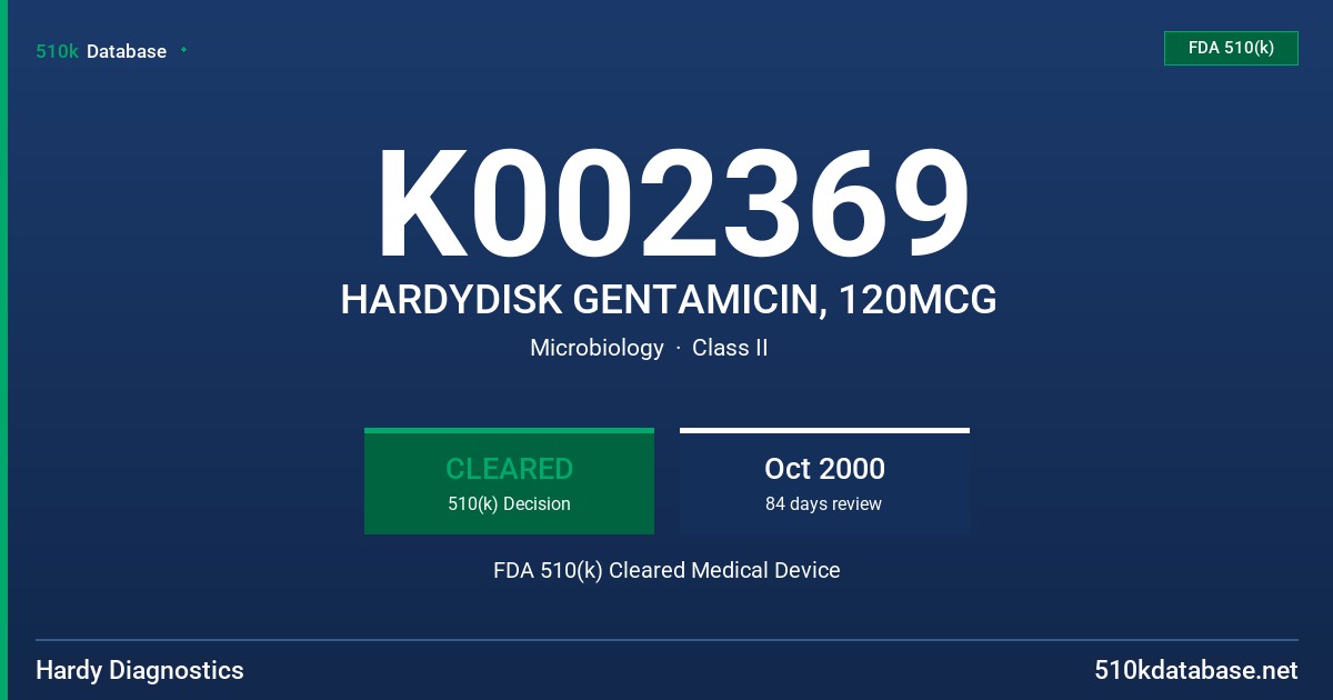 K002369 HARDYDISK GENTAMICIN, 120MCG FDA 510(k) Cleared Medical Device