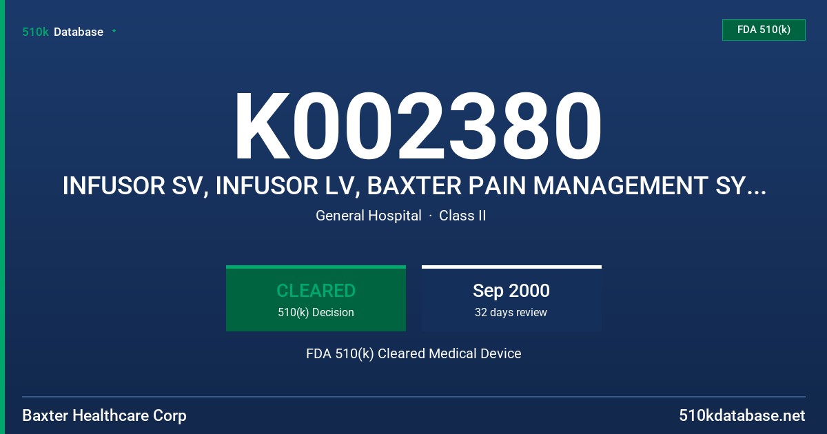 K002380 INFUSOR SV, INFUSOR LV, BAXTER PAIN MANAGEMENT SYSTEM FDA 510(k) Cleared Medical Device