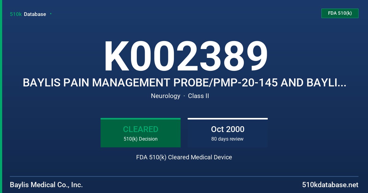 K002389 BAYLIS PAIN MANAGEMENT PROBE/PMP-20-145 AND BAYLIS PAIN MANAGEMENT CONNECTOR CABLE/PMX-BAY-BAY FDA 510(k) Cleared Medical Device