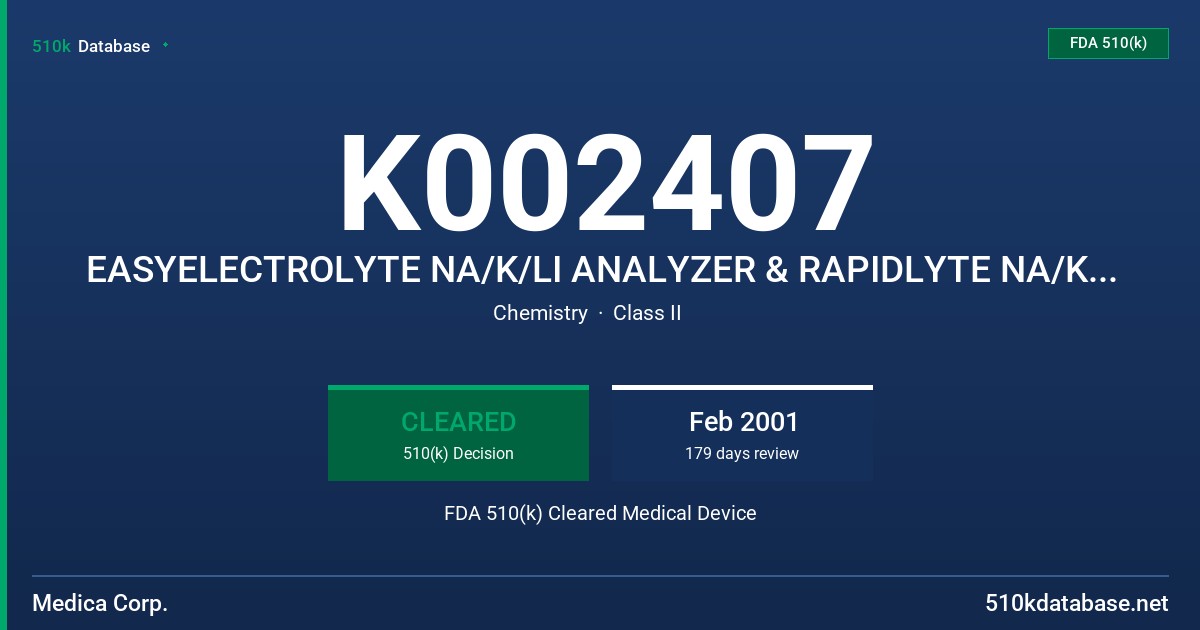 K002407 EASYELECTROLYTE NA/K/LI ANALYZER & RAPIDLYTE NA/K/LI ANALYZER FDA 510(k) Cleared Medical Device