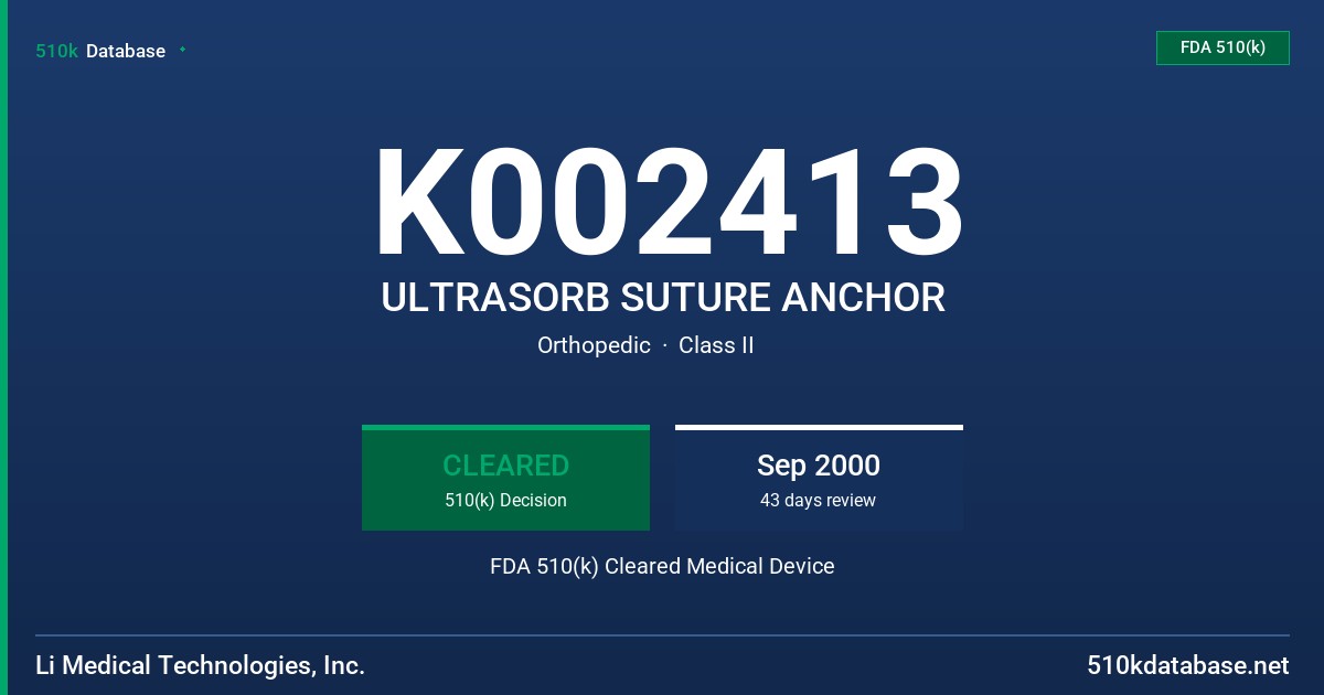K002413 ULTRASORB SUTURE ANCHOR FDA 510(k) Cleared Medical Device