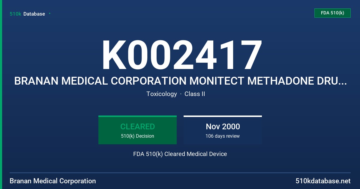 K002417 BRANAN MEDICAL CORPORATION MONITECT METHADONE DRUG SCREEN TEST, MODEL 190C AND 190D FDA 510(k) Cleared Medical Device
