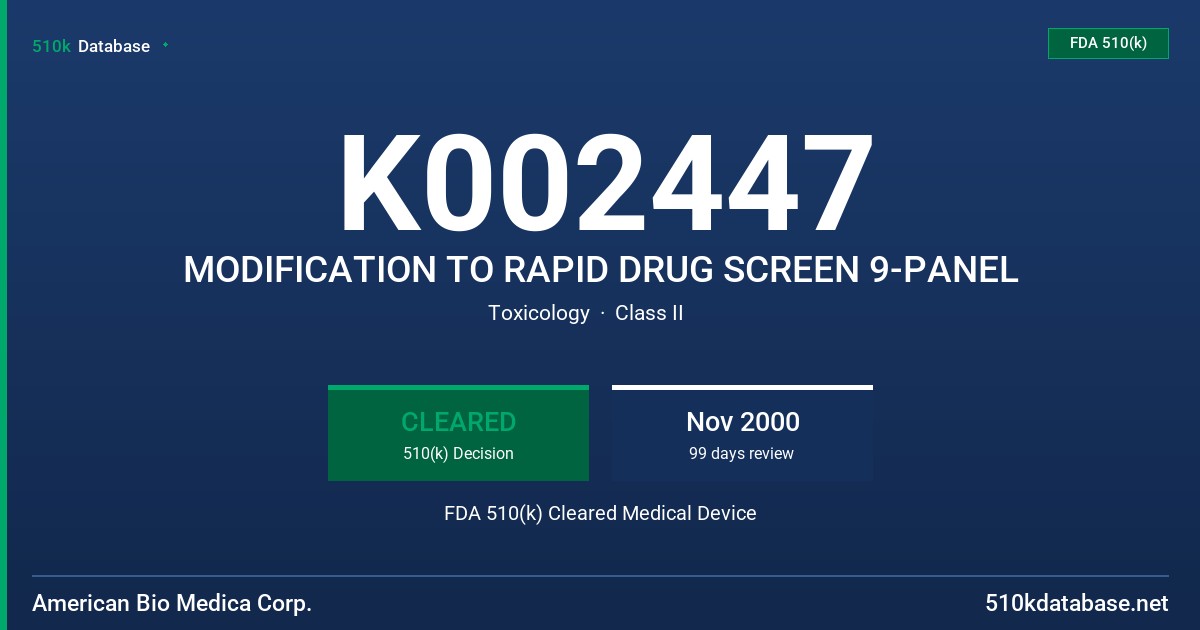 K002447 MODIFICATION TO RAPID DRUG SCREEN 9-PANEL FDA 510(k) Cleared Medical Device