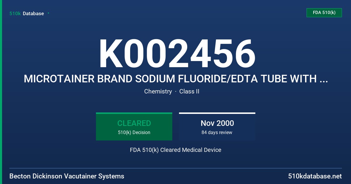 K002456 MICROTAINER BRAND SODIUM FLUORIDE/EDTA TUBE WITH MICROGARD CLOSURE, MODEL 365992 FDA 510(k) Cleared Medical Device