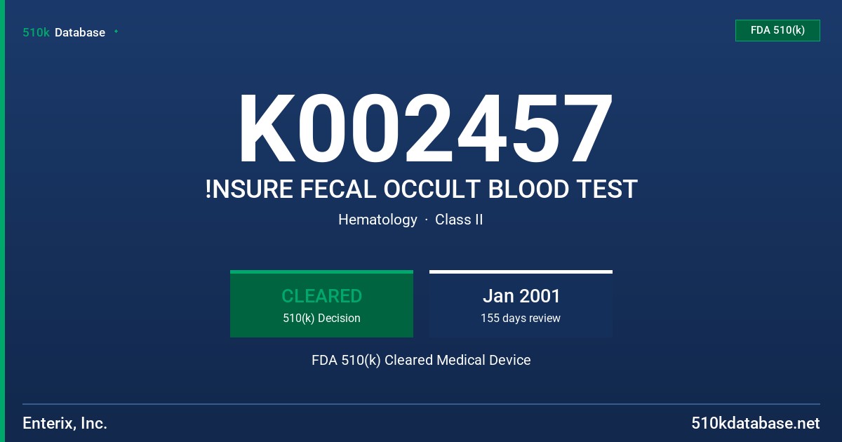 K002457 !NSURE FECAL OCCULT BLOOD TEST FDA 510(k) Cleared Medical Device