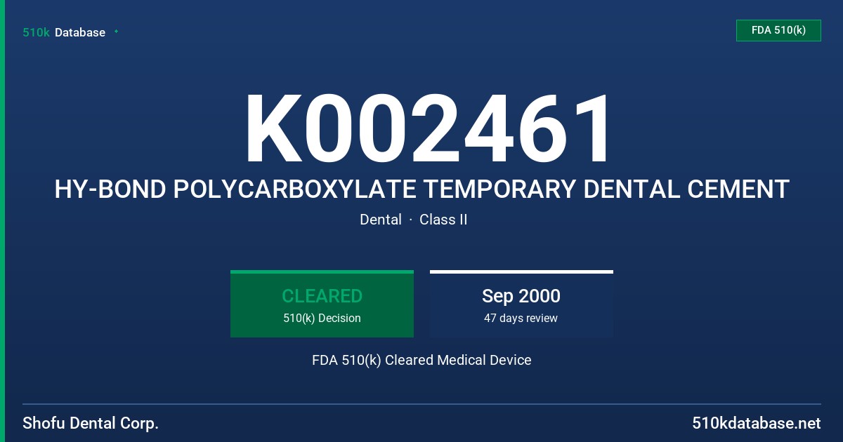 K002461 HY-BOND POLYCARBOXYLATE TEMPORARY DENTAL CEMENT FDA 510(k) Cleared Medical Device