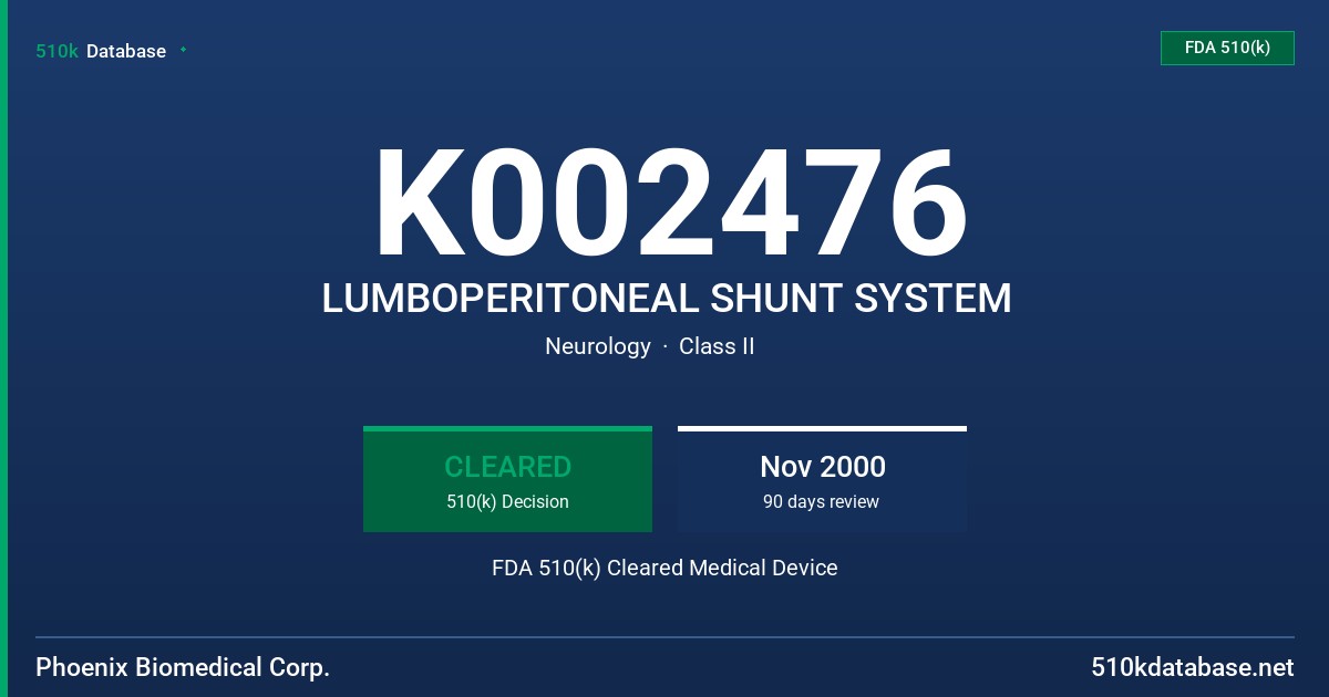 K002476 LUMBOPERITONEAL SHUNT SYSTEM FDA 510(k) Cleared Medical Device