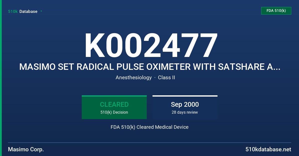 K002477 MASIMO SET RADICAL PULSE OXIMETER WITH SATSHARE AND LNOP SERIES OF SENSORS AND CABLES FDA 510(k) Cleared Medical Device
