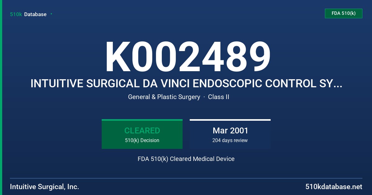 K002489 INTUITIVE SURGICAL DA VINCI ENDOSCOPIC CONTROL SYSTEM FDA 510(k) Cleared Medical Device