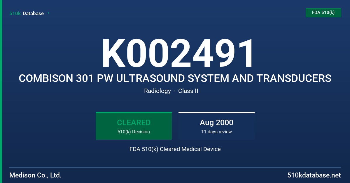 K002491 COMBISON 301 PW ULTRASOUND SYSTEM AND TRANSDUCERS FDA 510(k) Cleared Medical Device