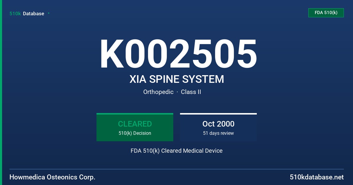 K002505 XIA SPINE SYSTEM FDA 510(k) Cleared Medical Device
