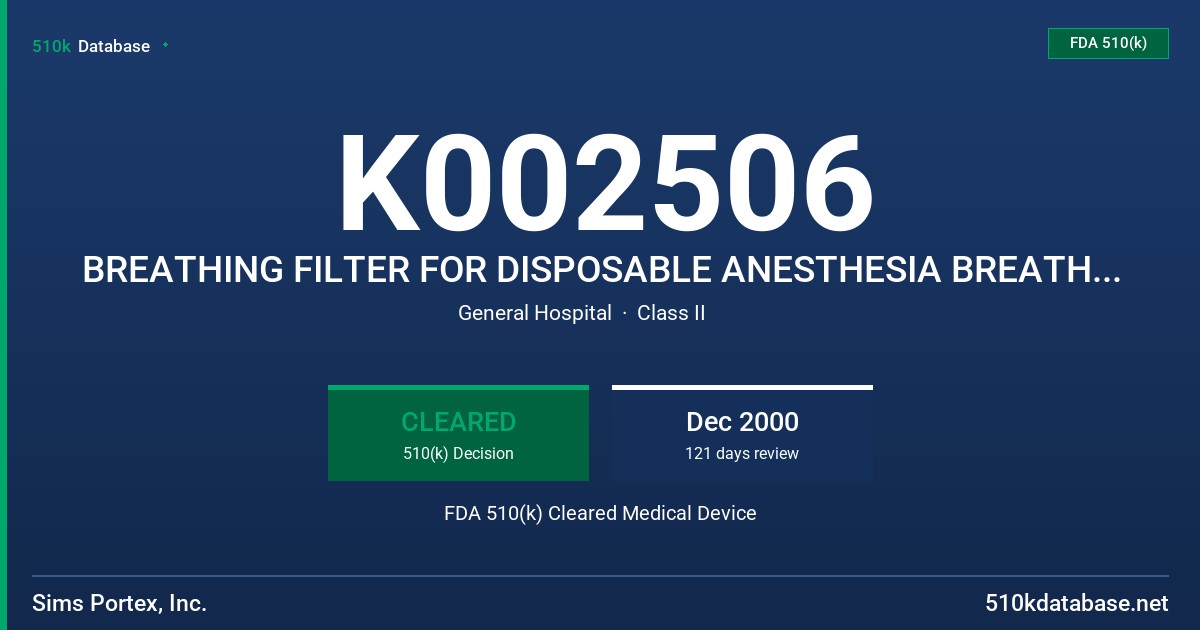 K002506 BREATHING FILTER FOR DISPOSABLE ANESTHESIA BREATHING CIRCUIT FDA 510(k) Cleared Medical Device