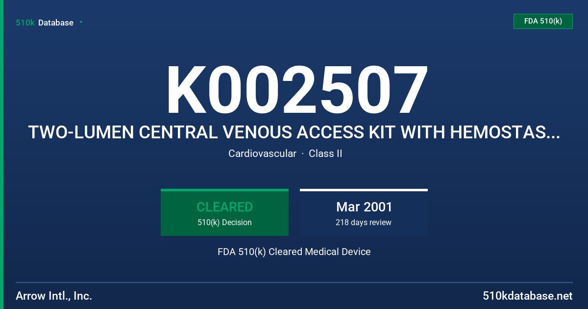 K002507 TWO-LUMEN CENTRAL VENOUS ACCESS KIT WITH HEMOSTASIS VALVE/SIDE PORT FDA 510(k) Cleared Medical Device