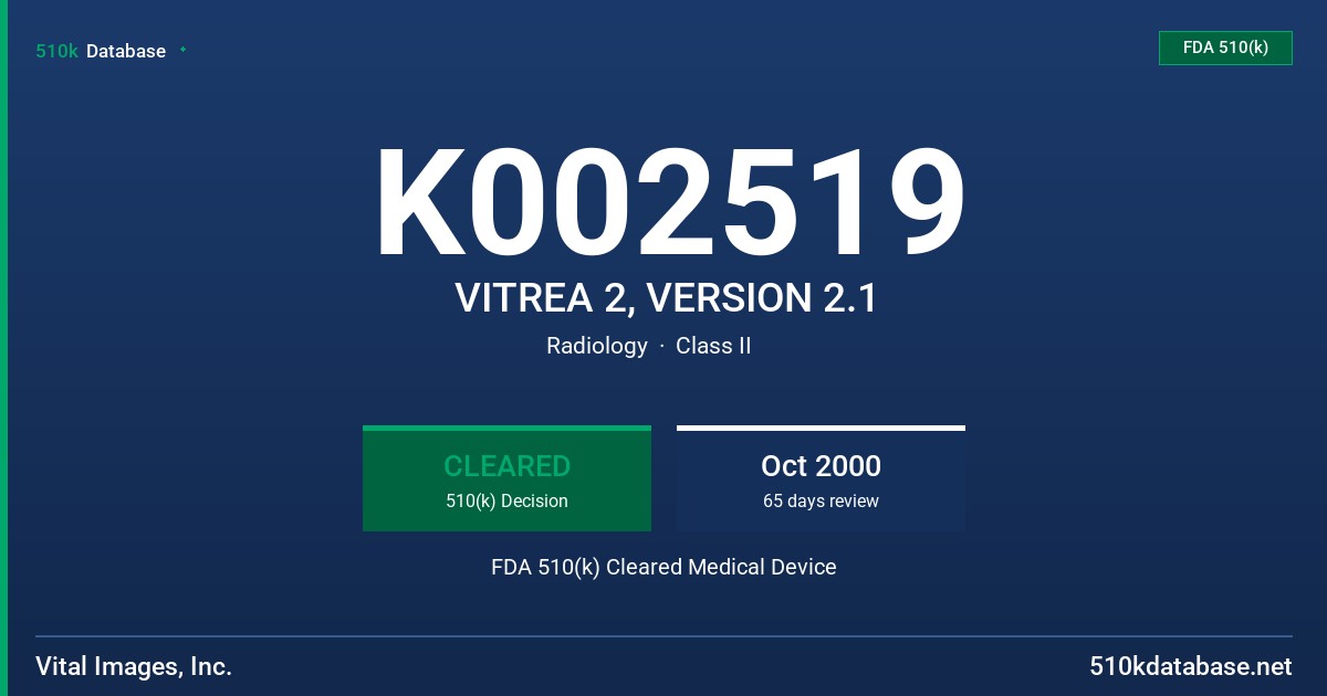 K002519 VITREA 2, VERSION 2.1 FDA 510(k) Cleared Medical Device