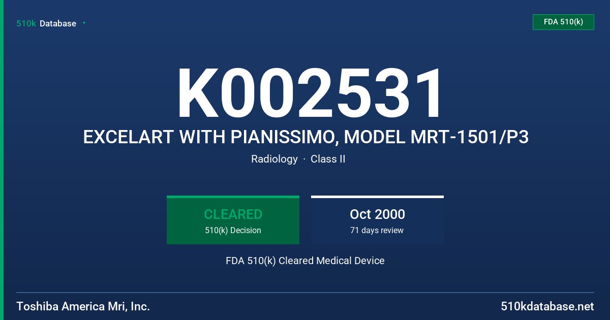 K002531 EXCELART WITH PIANISSIMO, MODEL MRT-1501/P3 FDA 510(k) Cleared Medical Device