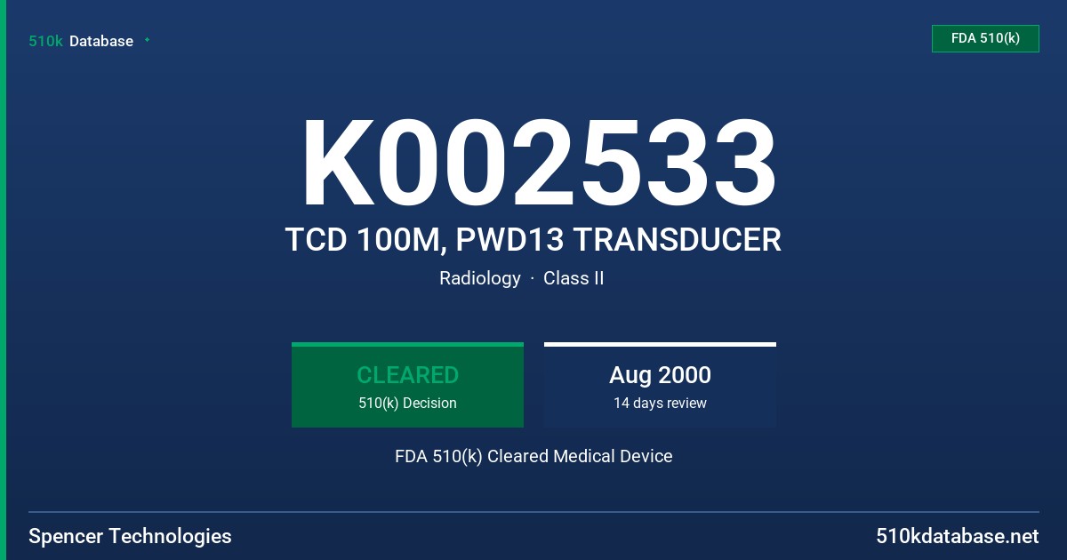 K002533 TCD 100M, PWD13 TRANSDUCER FDA 510(k) Cleared Medical Device