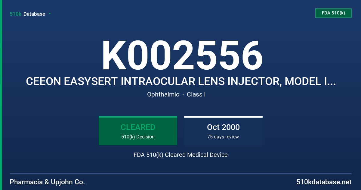 K002556 CEEON EASYSERT INTRAOCULAR LENS INJECTOR, MODEL IMP-1 FDA 510(k) Cleared Medical Device