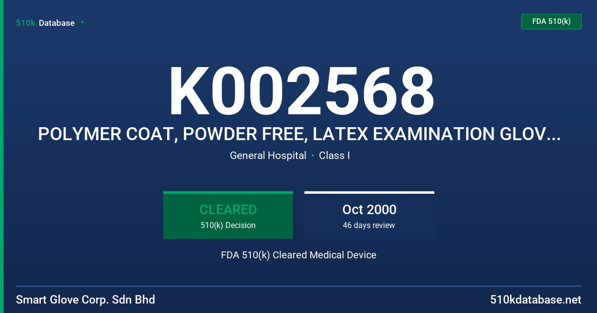 K002568 POLYMER COAT, POWDER FREE, LATEX EXAMINATION GLOVES WITH PROTEIN CONTENT LABELING CLAIM (50 MICROGRAMS OR LESS) FDA 510(k) Cleared Medical Device